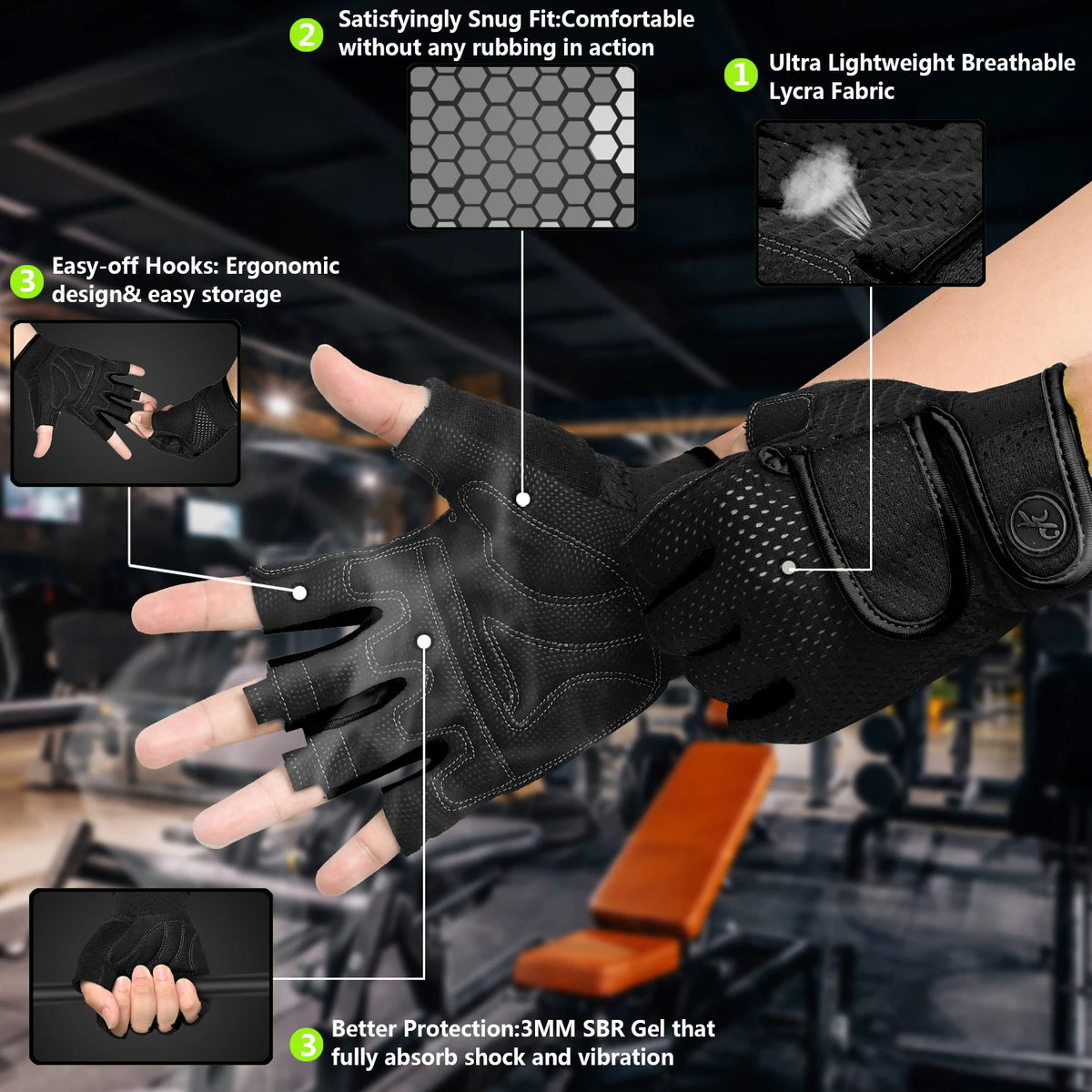 MOREOK Gym Gloves Non-Slip 3MM Padded Weight Lifting & Kettlebell Workout Gloves