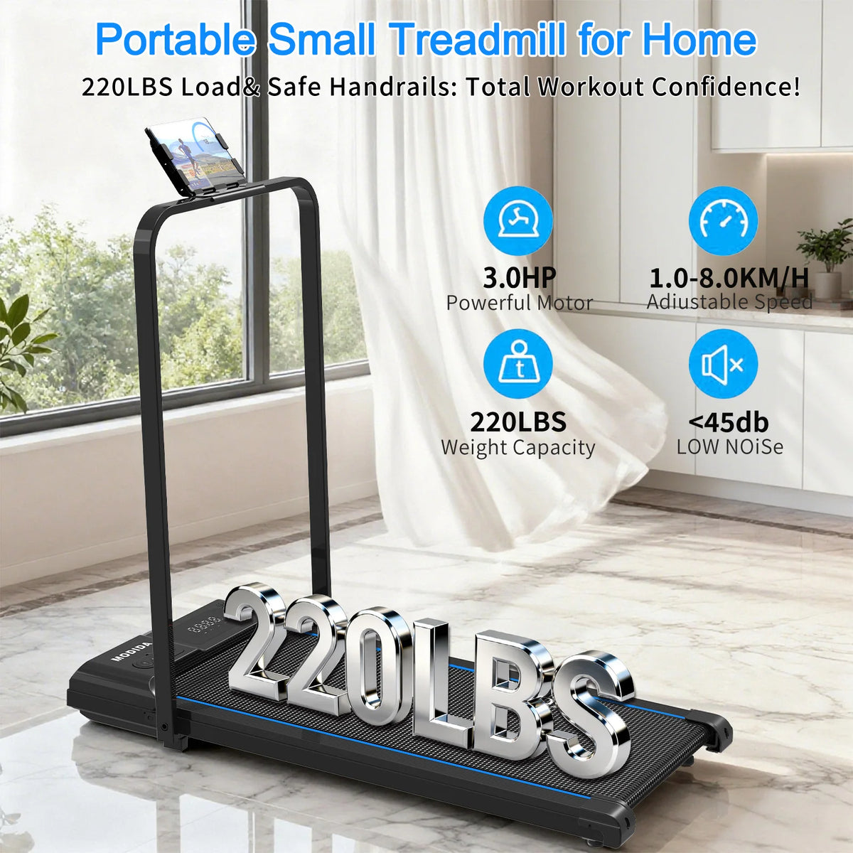 Foldable Walking Pad Treadmill with Handrail - 3.5HP Quiet Motor, 300LB Capacity